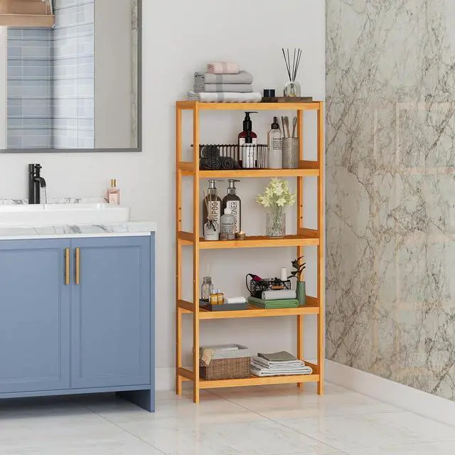 Alt view image 2 of 7 - kinbor 5-Tier Bamboo Bathroon Shelf, Bamboo Rack Storage Shelving, Natural