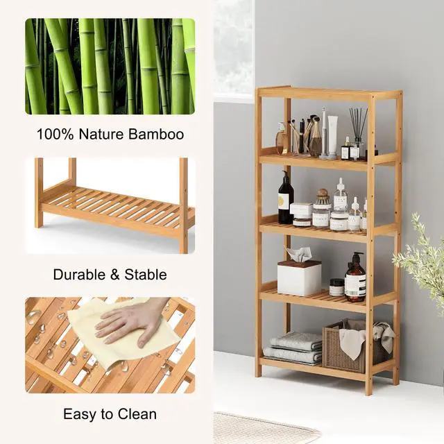 Alt view image 5 of 7 - kinbor 5-Tier Bamboo Bathroon Shelf, Bamboo Rack Storage Shelving, Natural