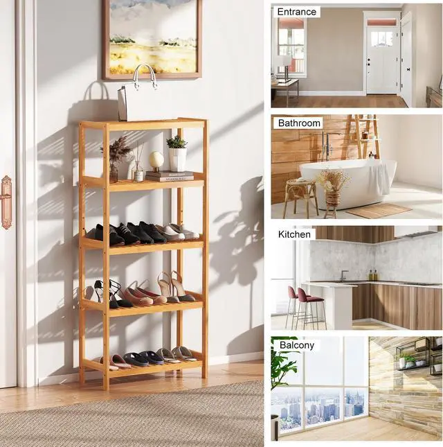 Alt view image 7 of 7 - kinbor 5-Tier Bamboo Bathroon Shelf, Bamboo Rack Storage Shelving, Natural