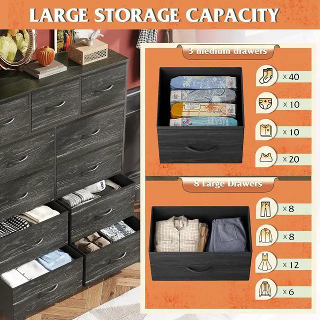 Alt view image 5 of 7 - WLIVE Tall Dresser for Bedroom, 11 Drawer Fabric Dresser, Black Wood Grain