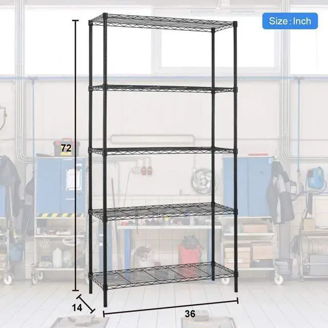 Alt view image 3 of 7 - 5 Tier Storage Shelves, 1250 Lbs Capacity Heavy Duty Wire Shelving Unit, NSF Metal Shelf, Adjustable Storage Rack for Garage Pantry Kitchen Office Laundry- 14" D X 36" L X72 H, Black