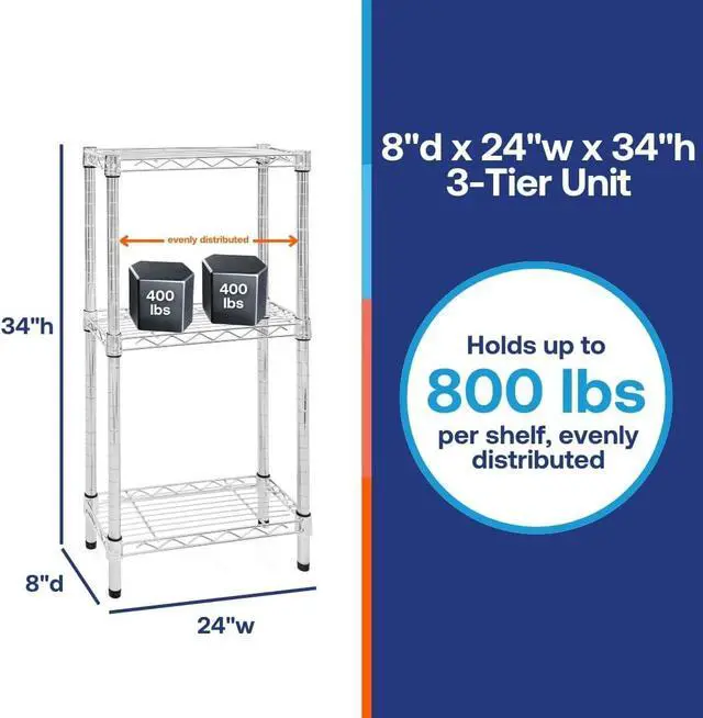 Alt view image 2 of 5 - Shelving Inc. 8" d x 24" w Chrome Wire Shelving with 3 Tier Shelves