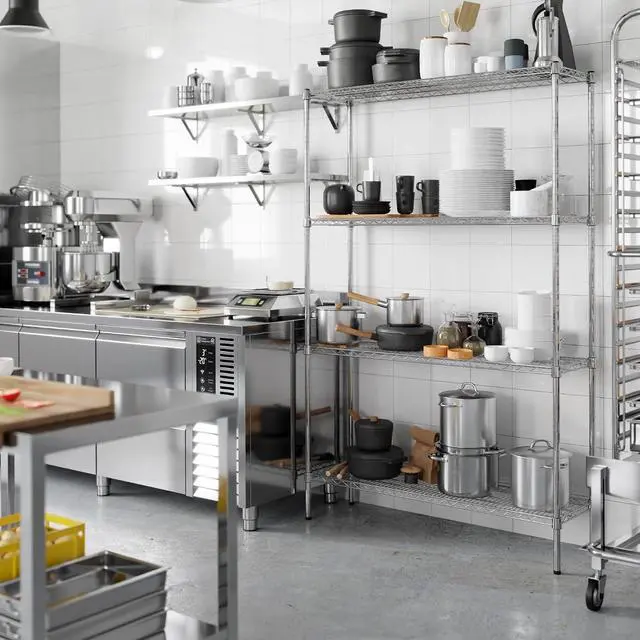 Alt view image 4 of 7 - 14" Deep x 48" Wide x 74" High 4 Tier Chrome Wire Shelving Kit | NSF Commercial Storage Rack Unit