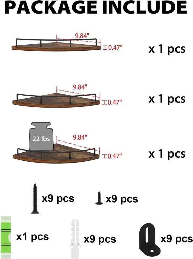 Alt view image 3 of 7 - HORLIMER 3 Pack Floating Corner Shelf Wall Mount with Fence, Brown