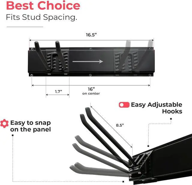 Alt view image 6 of 7 - TIDYME Garage Tool Organizer Wall Mount, 32", 2 Racks 4 Hooks, 200 lbs