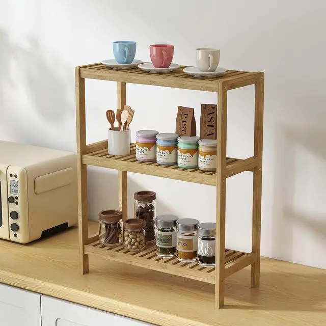 Main image of Kinsuite 3-Tier Bamboo Rack Multifunctional - Utility Storage Shelf Plant Flower Stand Storage Rack Bathroom Kitchen Living Room Holder, Natural