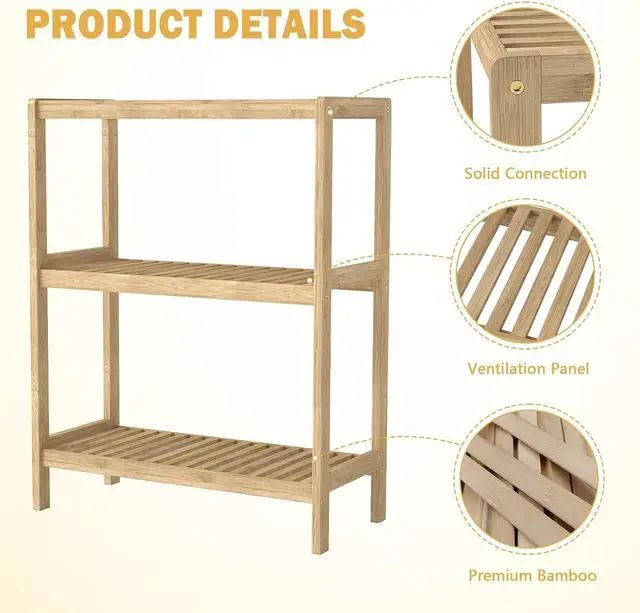 Alt view image 4 of 7 - Kinsuite 3-Tier Bamboo Rack Multifunctional - Utility Storage Shelf Plant Flower Stand Storage Rack Bathroom Kitchen Living Room Holder, Natural