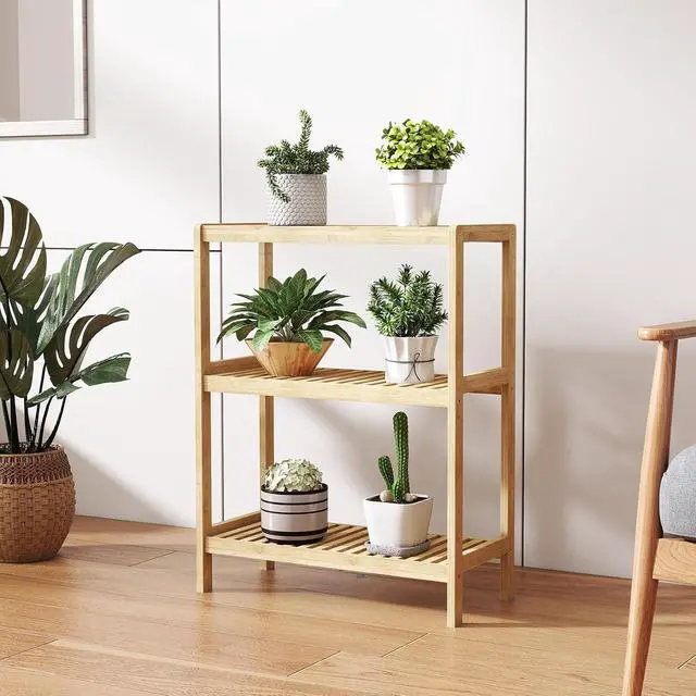 Alt view image 6 of 7 - Kinsuite 3-Tier Bamboo Rack Multifunctional - Utility Storage Shelf Plant Flower Stand Storage Rack Bathroom Kitchen Living Room Holder, Natural