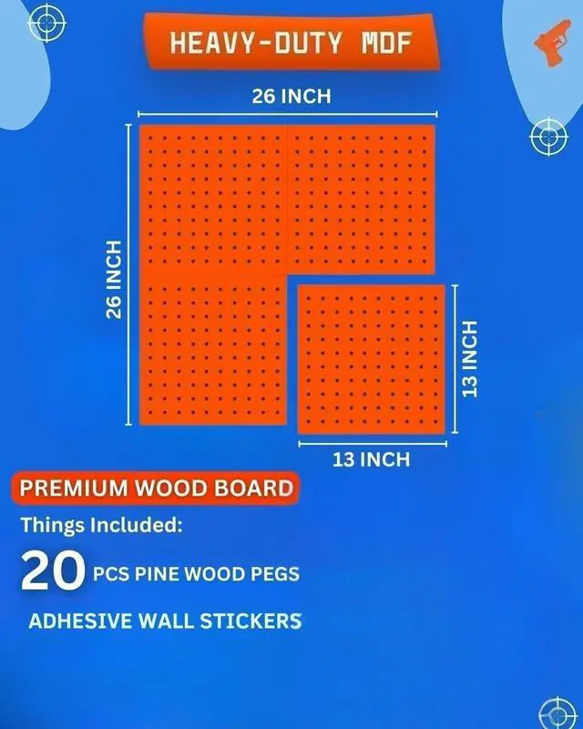 Alt view image 2 of 6 - Wooden Peg Board for Nerf Gun Storage Organizer 13 x 13 x 0.31 in - Orange