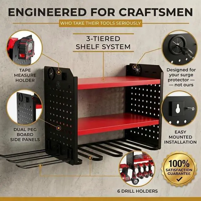 Alt view image 2 of 7 - BUILTSTRONG Power Tool Organizer Wall Mount 3-Tier Heavy-Duty Steel Rack, 6 Drill Slots, Dual Pegboard Sides, Side-by-Side Modular, 100 lb Capacity Garage & Workshop (Red)