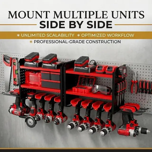 Alt view image 3 of 7 - BUILTSTRONG Power Tool Organizer Wall Mount 3-Tier Heavy-Duty Steel Rack, 6 Drill Slots, Dual Pegboard Sides, Side-by-Side Modular, 100 lb Capacity Garage & Workshop (Red)