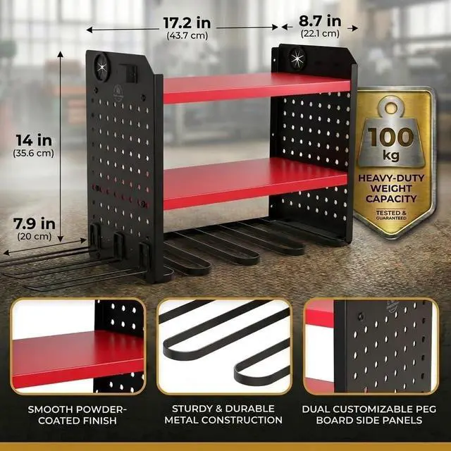 Alt view image 4 of 7 - BUILTSTRONG Power Tool Organizer Wall Mount 3-Tier Heavy-Duty Steel Rack, 6 Drill Slots, Dual Pegboard Sides, Side-by-Side Modular, 100 lb Capacity Garage & Workshop (Red)