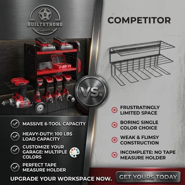Alt view image 5 of 7 - BUILTSTRONG Power Tool Organizer Wall Mount 3-Tier Heavy-Duty Steel Rack, 6 Drill Slots, Dual Pegboard Sides, Side-by-Side Modular, 100 lb Capacity Garage & Workshop (Red)