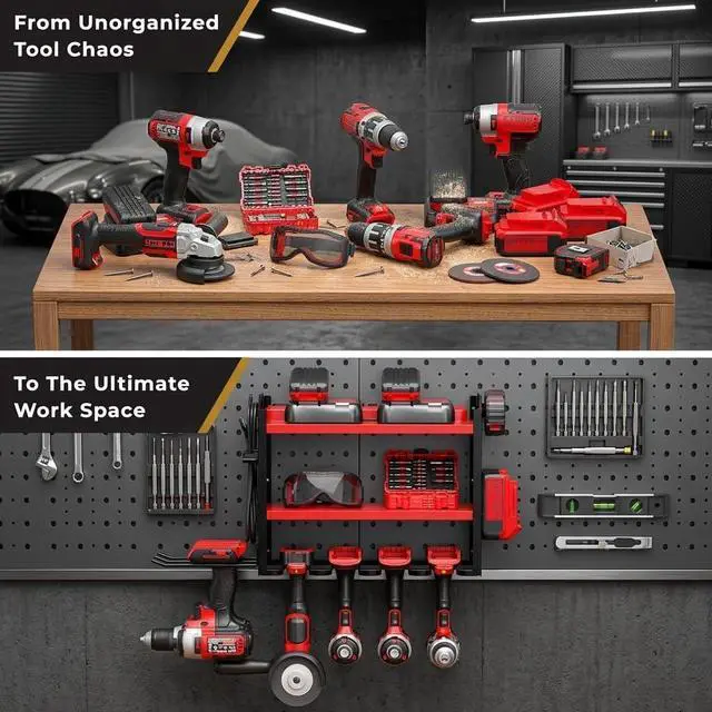 Alt view image 6 of 7 - BUILTSTRONG Power Tool Organizer Wall Mount 3-Tier Heavy-Duty Steel Rack, 6 Drill Slots, Dual Pegboard Sides, Side-by-Side Modular, 100 lb Capacity Garage & Workshop (Red)