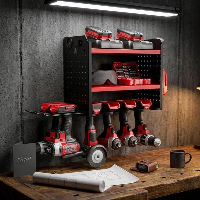 Alt view image 7 of 7 - BUILTSTRONG Power Tool Organizer Wall Mount 3-Tier Heavy-Duty Steel Rack, 6 Drill Slots, Dual Pegboard Sides, Side-by-Side Modular, 100 lb Capacity Garage & Workshop (Red)