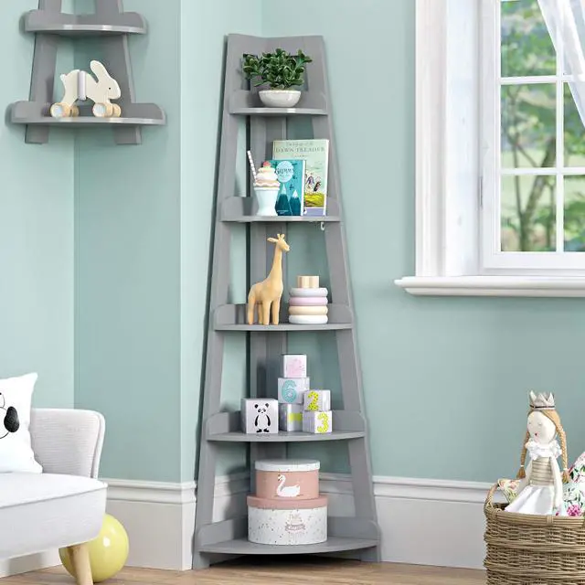 Alt view image 2 of 5 - RiverRidge Kids 5-Tier Corner Ladder Display Bookshelf Organizer, Gray