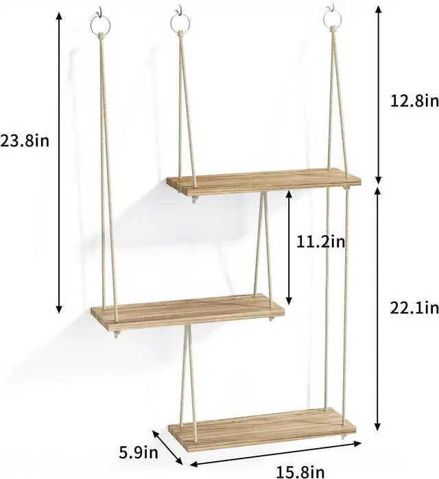 Alt view image 3 of 7 - Fixwal Hanging Plant Shelves for Wall, 3 Tier Boho Wall Decor Plant Rack Floating Shelves Rope Rustic Wood Organizer Storage Hanger for Aesthetic Home Bedroom Kitchen Bathroom- Rustic Brown