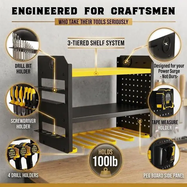 Alt view image 2 of 5 - BUILTSTRONG Power Tool Organizer Wall Mount 3-Tier Heavy-Duty Steel Rack, 4 Drill Slots, Pegboard + Utility Side, 100 lb Capacity Garage, Workshop & Shed Storage (Yellow)
