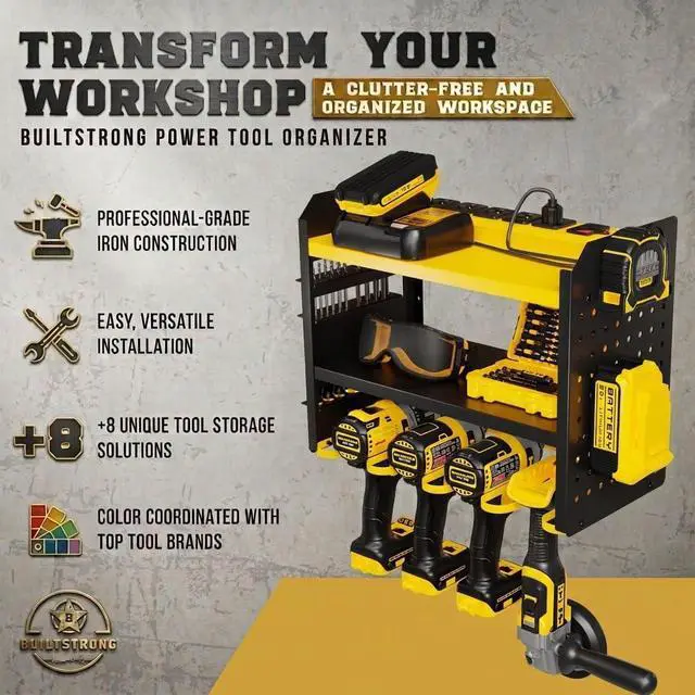 Alt view image 3 of 5 - BUILTSTRONG Power Tool Organizer Wall Mount 3-Tier Heavy-Duty Steel Rack, 4 Drill Slots, Pegboard + Utility Side, 100 lb Capacity Garage, Workshop & Shed Storage (Yellow)