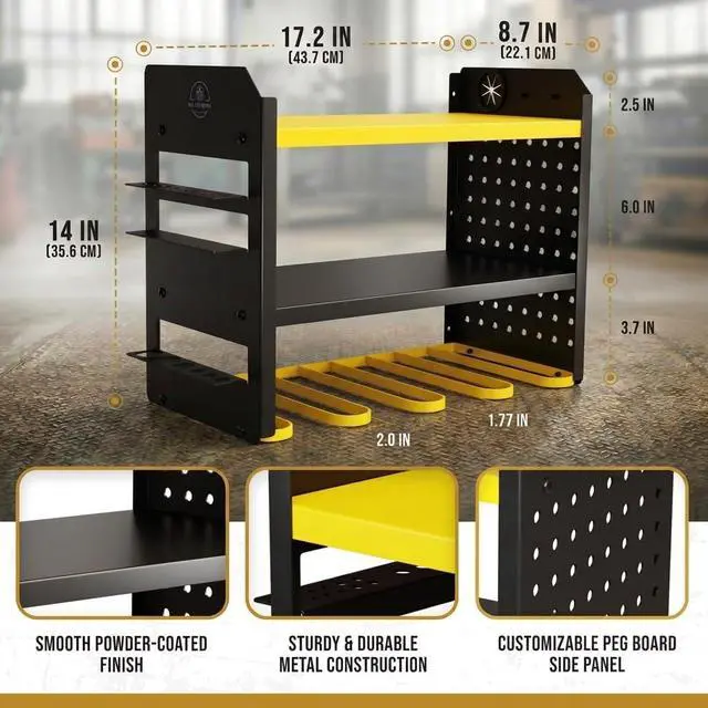 Alt view image 4 of 5 - BUILTSTRONG Power Tool Organizer Wall Mount 3-Tier Heavy-Duty Steel Rack, 4 Drill Slots, Pegboard + Utility Side, 100 lb Capacity Garage, Workshop & Shed Storage (Yellow)