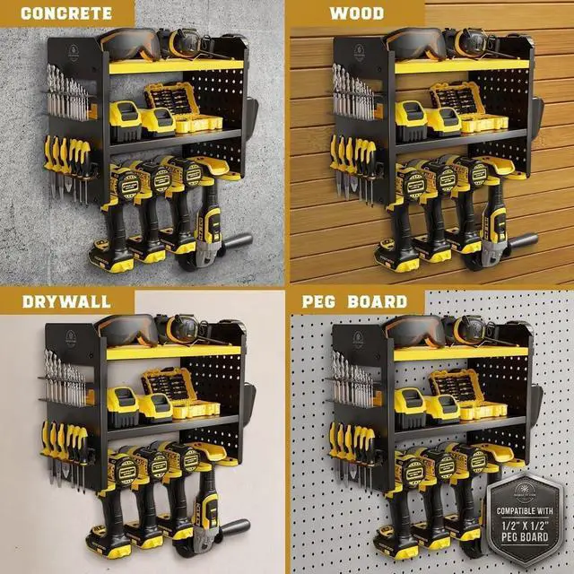 Alt view image 5 of 5 - BUILTSTRONG Power Tool Organizer Wall Mount 3-Tier Heavy-Duty Steel Rack, 4 Drill Slots, Pegboard + Utility Side, 100 lb Capacity Garage, Workshop & Shed Storage (Yellow)