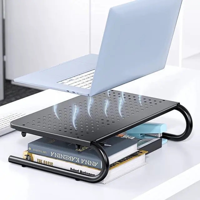 Alt view image 4 of 7 - HUANUO Monitor Riser for Desk, Laptop Stand with Vented Steel Shelf, Black
