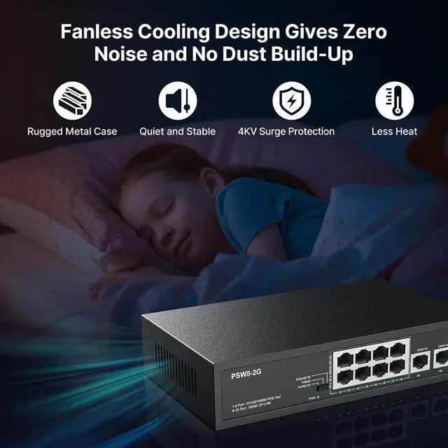 Alt view image 4 of 7 - 8 Port Full Gigabit PoE+ Switch with Rack Mount Ears, with 2 Gigabit Uplink Ports Up to 30W Per Port, Total Budget 120W, 48 Volt 802.3af/at Compliant, Compatible with PoE IP Cameras VOIP Phones
