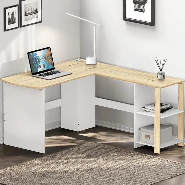 Main image of SHW 51 x 51 L-Shaped Home Office Wood Corner Desk with Storage, Oak
