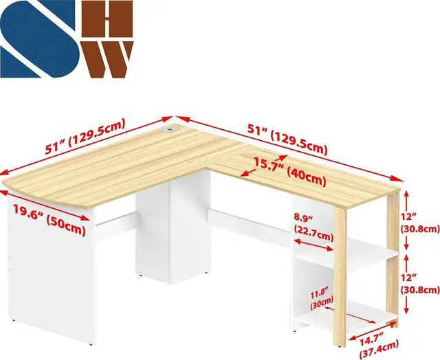 Alt view image 2 of 7 - SHW 51 x 51 L-Shaped Home Office Wood Corner Desk with Storage, Oak