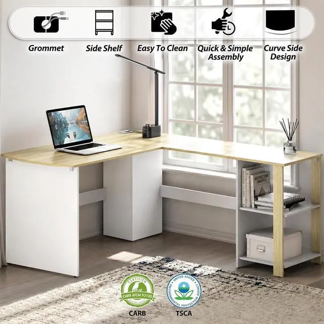 Alt view image 3 of 7 - SHW 51 x 51 L-Shaped Home Office Wood Corner Desk with Storage, Oak
