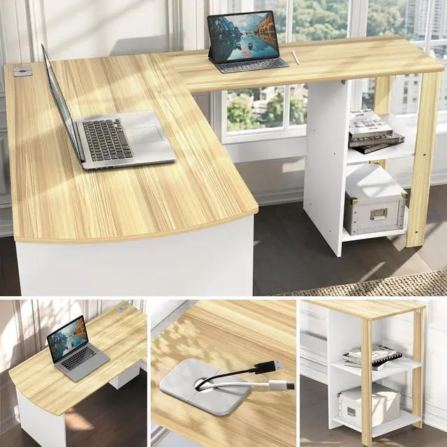 Alt view image 4 of 7 - SHW 51 x 51 L-Shaped Home Office Wood Corner Desk with Storage, Oak