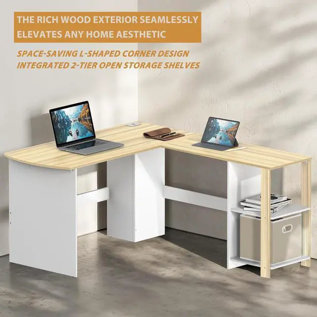 Alt view image 5 of 7 - SHW 51 x 51 L-Shaped Home Office Wood Corner Desk with Storage, Oak