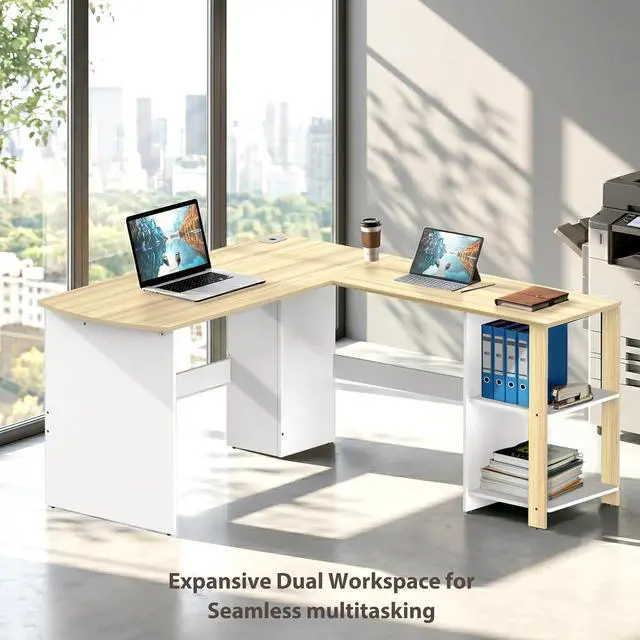 Alt view image 6 of 7 - SHW 51 x 51 L-Shaped Home Office Wood Corner Desk with Storage, Oak