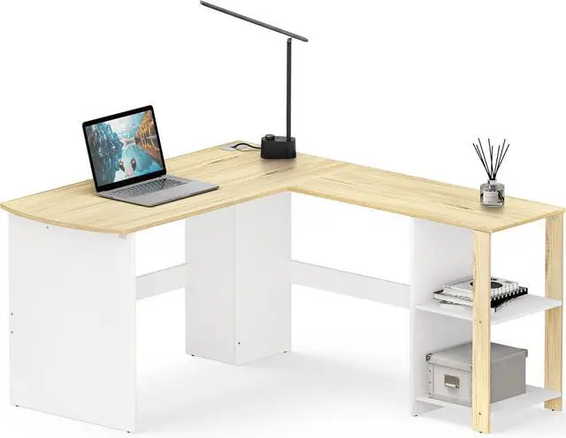 Alt view image 7 of 7 - SHW 51 x 51 L-Shaped Home Office Wood Corner Desk with Storage, Oak