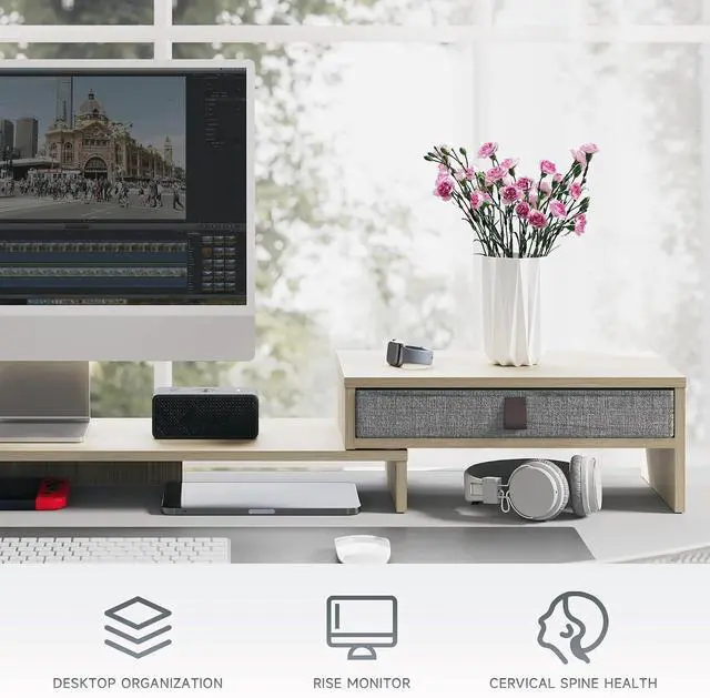 Alt view image 5 of 7 - Fenge Triple Monitor Stand with Srorage Drawer, Adjustable Length and Angle