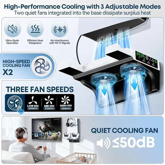 Alt view image 3 of 7 - PS5/Slim/Pro Wall Mount Kit with Cooling Fan & Charging Station, PS5 Shelf Floating Mount for All PlayStation 5/Slim/Pro Disc & Digital Console, PS 5 Wall Bracket Behind TV, PS Five Pro Accessories