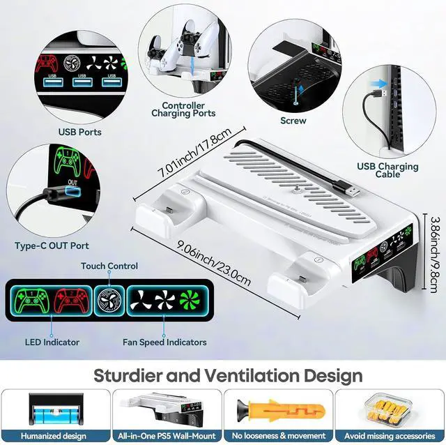 Alt view image 7 of 7 - PS5/Slim/Pro Wall Mount Kit with Cooling Fan & Charging Station, PS5 Shelf Floating Mount for All PlayStation 5/Slim/Pro Disc & Digital Console, PS 5 Wall Bracket Behind TV, PS Five Pro Accessories