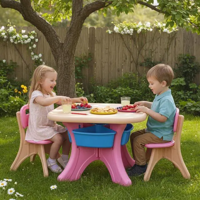 Alt view image 2 of 7 - Costzon Kids Table and Chairs, 3 PCS Activity Desk Set w/ 4 Detachable Storage Bins for Indoor Outdoor Play Art Crafts Picnic Patio, Lightweight Toddler Table and Chair Set (Pink & Blue)