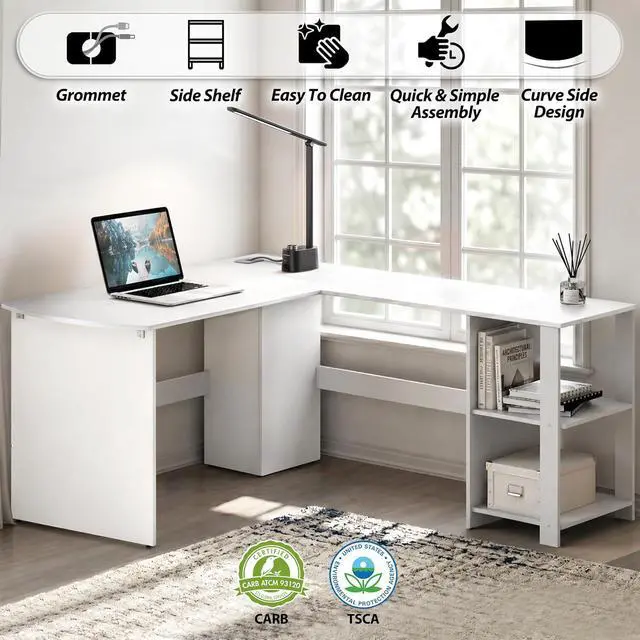 Alt view image 3 of 6 - SHW 51 x 51 L-Shaped Home Office Wood Corner Desk with Storage, White