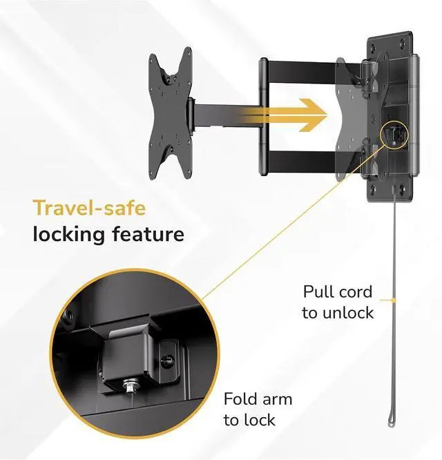Alt view image 2 of 7 - Mount-It! Lockable RV TV Mount for 23-43 Inch TVs, Full Motion Swivel Tilt Wall Mount for Camper, Travel Trailer, Motorhome, Truck & Boat, Quick Release Locking Arm, VESA 75x75-200x200mm, 77 lb