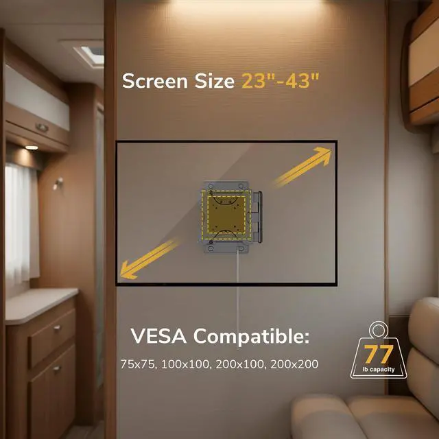 Alt view image 4 of 7 - Mount-It! Lockable RV TV Mount for 23-43 Inch TVs, Full Motion Swivel Tilt Wall Mount for Camper, Travel Trailer, Motorhome, Truck & Boat, Quick Release Locking Arm, VESA 75x75-200x200mm, 77 lb