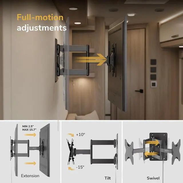 Alt view image 6 of 7 - Mount-It! Lockable RV TV Mount for 23-43 Inch TVs, Full Motion Swivel Tilt Wall Mount for Camper, Travel Trailer, Motorhome, Truck & Boat, Quick Release Locking Arm, VESA 75x75-200x200mm, 77 lb