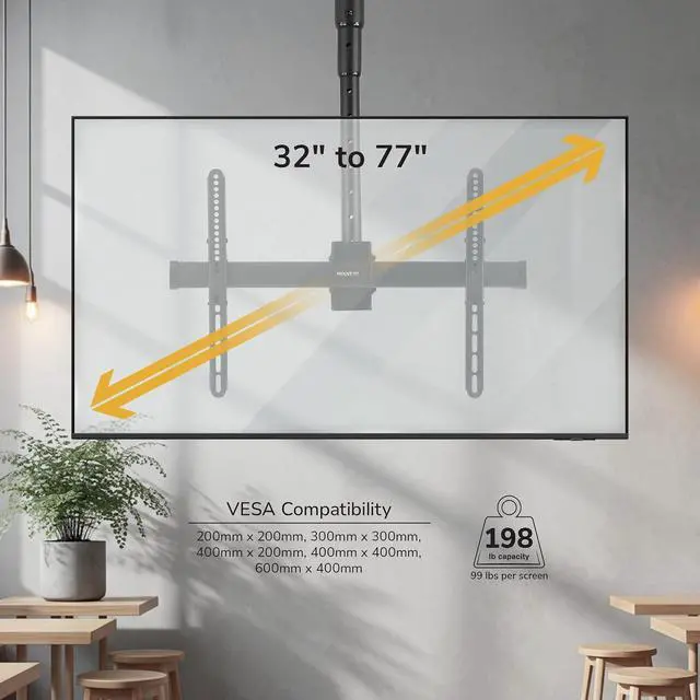 Alt view image 3 of 7 - Mount-It! Dual TV Ceiling Mount Bracket for 3277" Flat Screen TVs Back-to-Back Hanging Bracket for 2 TVs, Telescoping Pole, 360° Swivel & Tilt, Vaulted, Sloped & Angled Ceiling Compatible