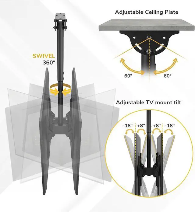 Alt view image 5 of 7 - Mount-It! Dual TV Ceiling Mount Bracket for 3277" Flat Screen TVs Back-to-Back Hanging Bracket for 2 TVs, Telescoping Pole, 360° Swivel & Tilt, Vaulted, Sloped & Angled Ceiling Compatible