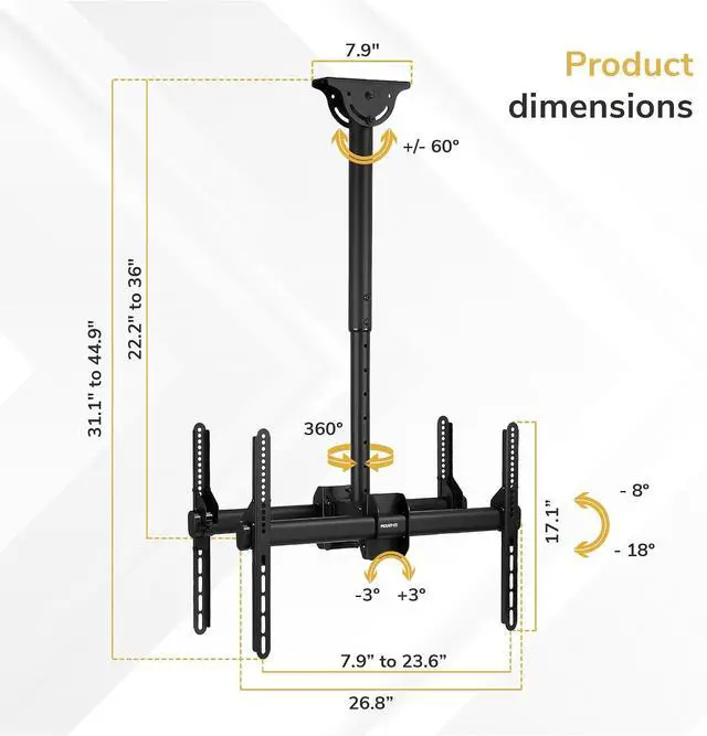 Alt view image 7 of 7 - Mount-It! Dual TV Ceiling Mount Bracket for 3277" Flat Screen TVs Back-to-Back Hanging Bracket for 2 TVs, Telescoping Pole, 360° Swivel & Tilt, Vaulted, Sloped & Angled Ceiling Compatible