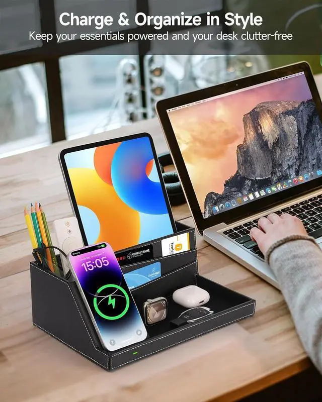 Alt view image 2 of 7 - Fast Wireless Charging Station with Desk Organizer for iPhone 17/16/15/15 Pro/14/14 Pro Max/14 Pro/14 Plus/13/13 Pro Max/13 Pro/and iPhone 12/11 Series, Nightstand Desktop Organizer for Home Office