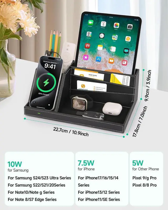 Alt view image 3 of 7 - Fast Wireless Charging Station with Desk Organizer for iPhone 17/16/15/15 Pro/14/14 Pro Max/14 Pro/14 Plus/13/13 Pro Max/13 Pro/and iPhone 12/11 Series, Nightstand Desktop Organizer for Home Office