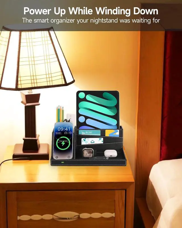 Alt view image 4 of 7 - Fast Wireless Charging Station with Desk Organizer for iPhone 17/16/15/15 Pro/14/14 Pro Max/14 Pro/14 Plus/13/13 Pro Max/13 Pro/and iPhone 12/11 Series, Nightstand Desktop Organizer for Home Office