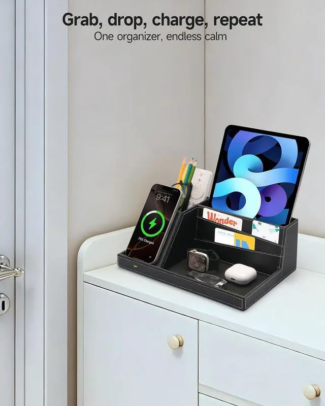 Alt view image 6 of 7 - Fast Wireless Charging Station with Desk Organizer for iPhone 17/16/15/15 Pro/14/14 Pro Max/14 Pro/14 Plus/13/13 Pro Max/13 Pro/and iPhone 12/11 Series, Nightstand Desktop Organizer for Home Office