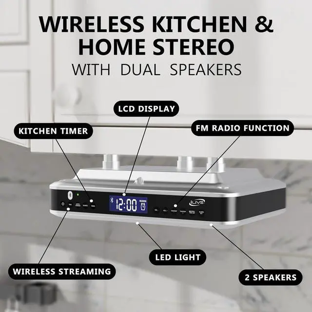 Alt view image 2 of 7 - iLive Bluetooth Under Cabinet Radio with Clock, Timer & LED Kitchen Light